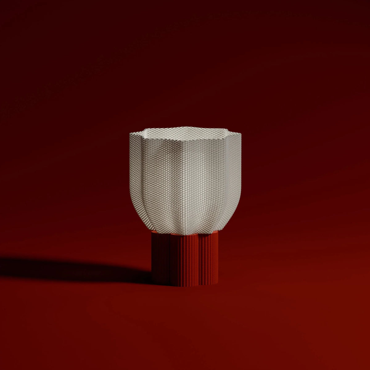 Lamp lit, warm glow on red background