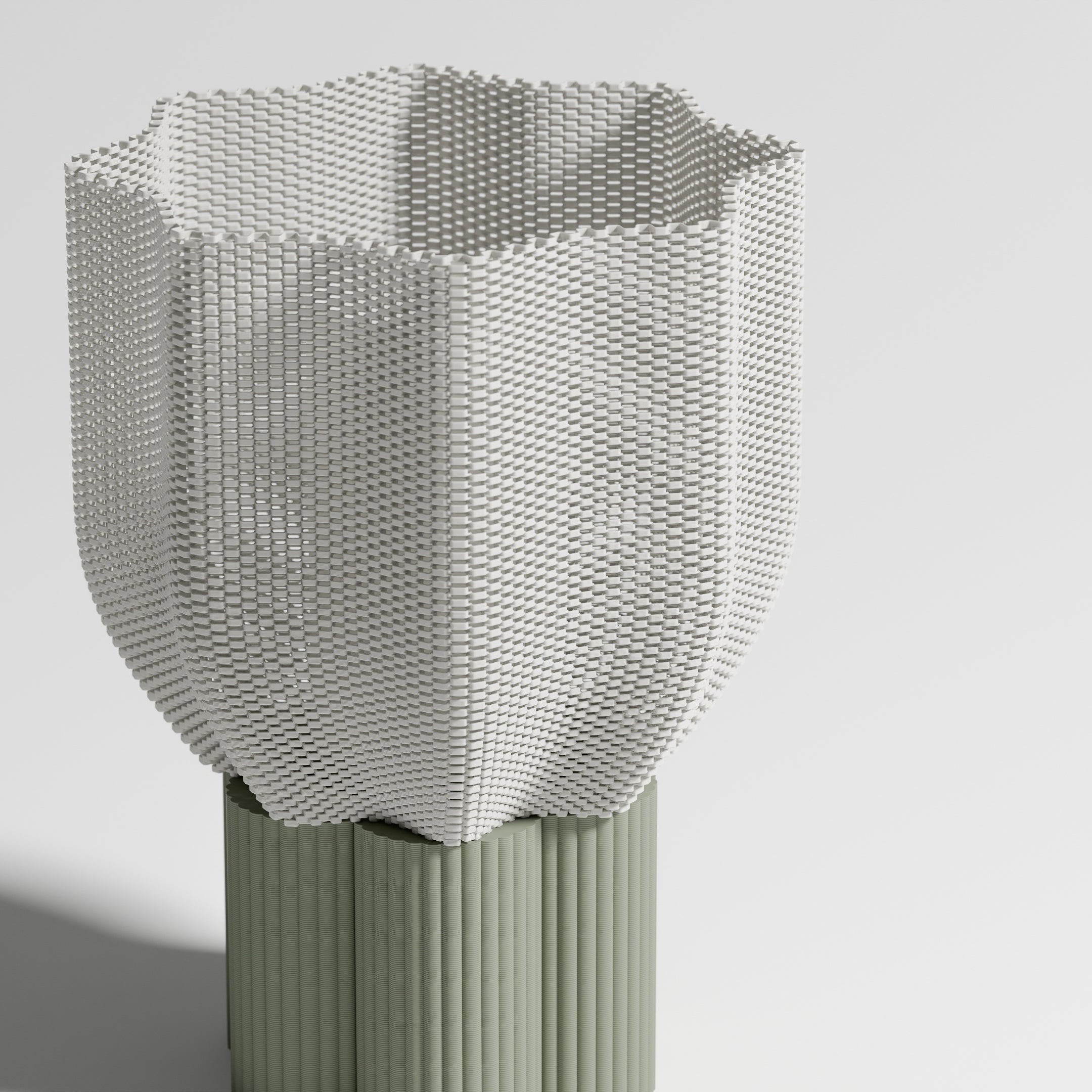 Close-up of Bloom lamp's textured shade. Precise details and sculptural finish