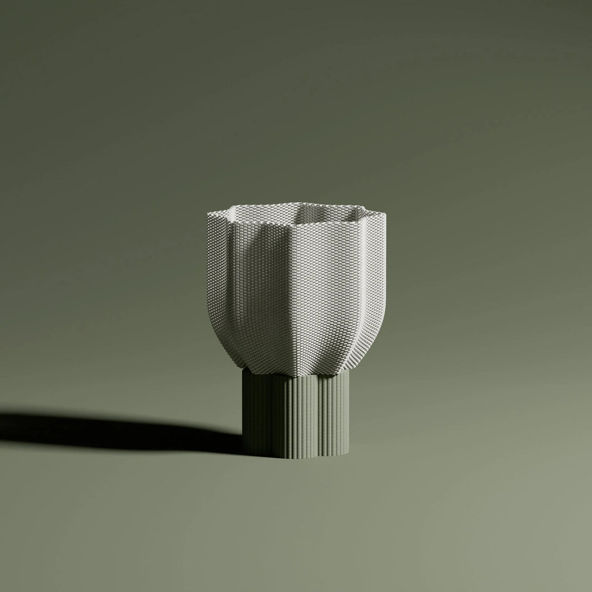 Bloom lamp off with light wood base, on olive green background. Floral shape and soft lines