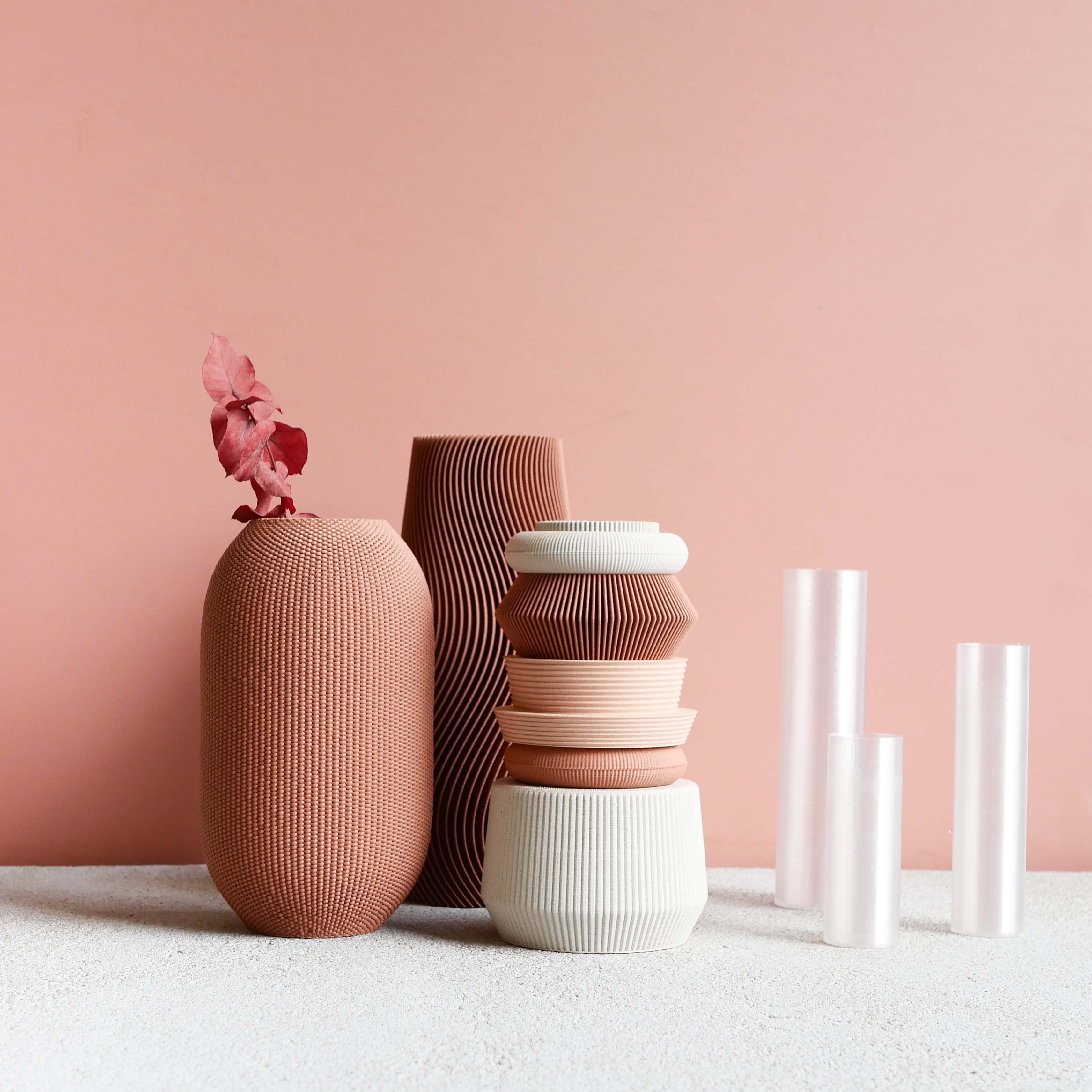 AMA modular vases in blush pink, terracotta and white – soft interior palette
