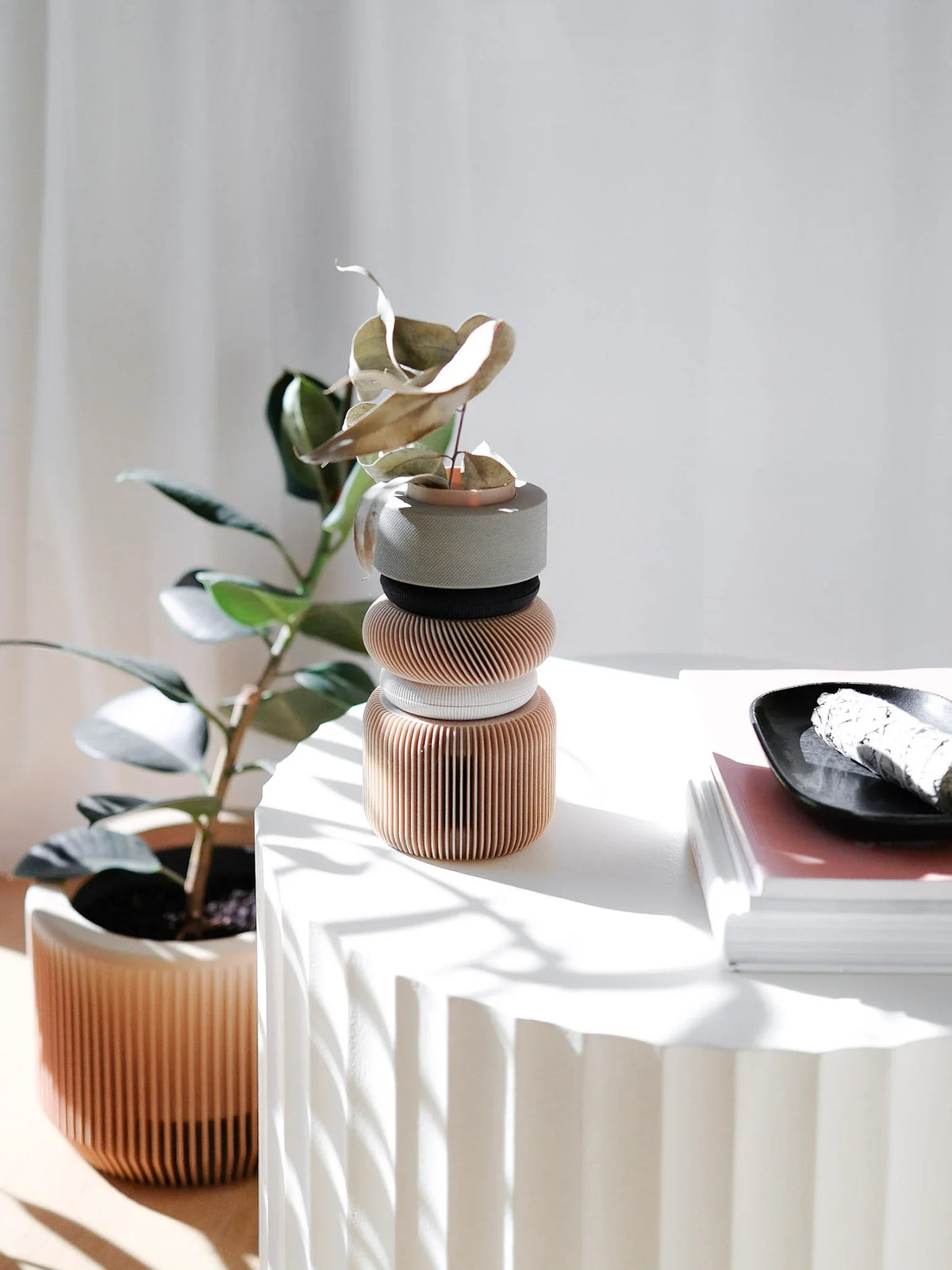 Modular vase Nu Cement green on a home decor Minimum design