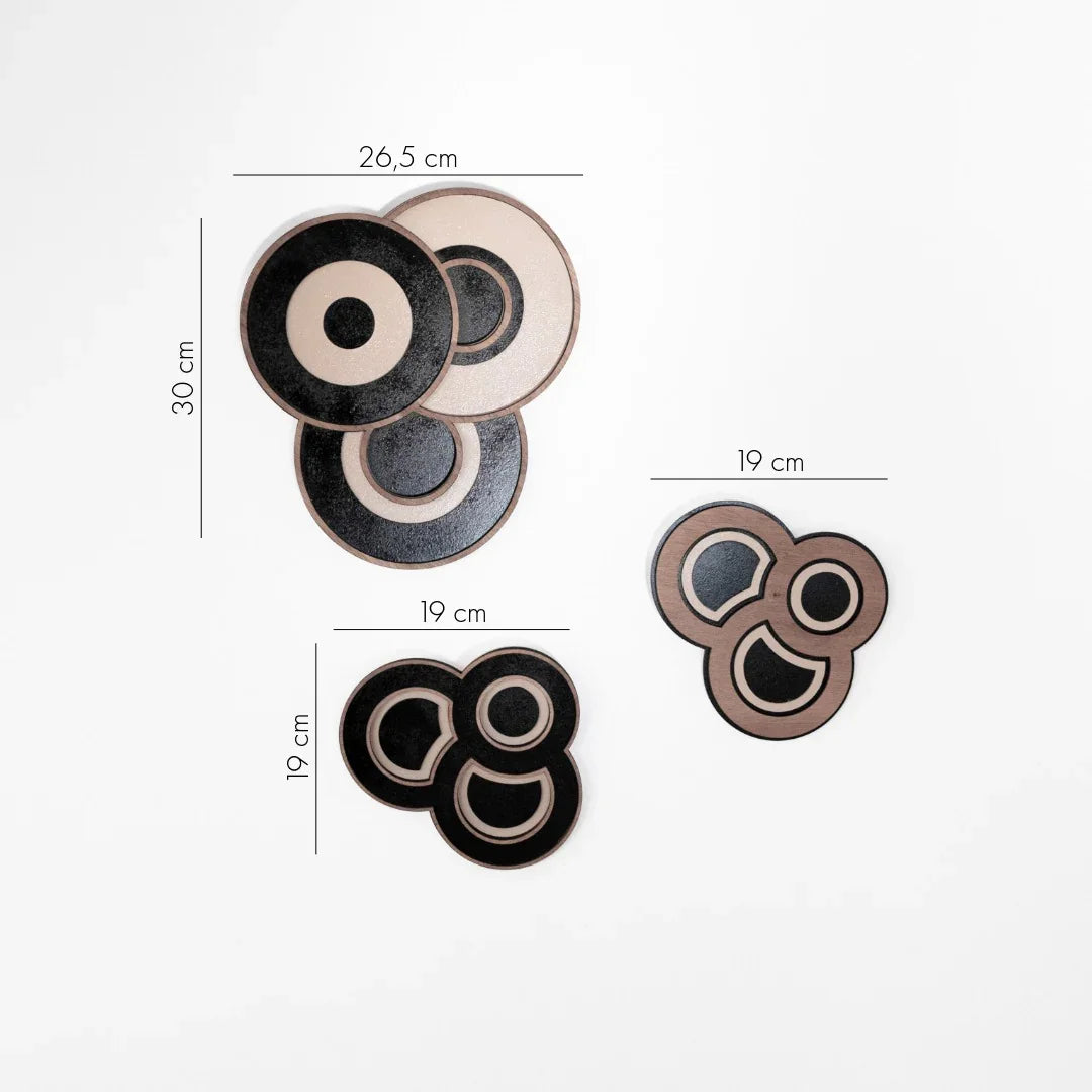 Set of modern wood wall decor with measurements on a white background
