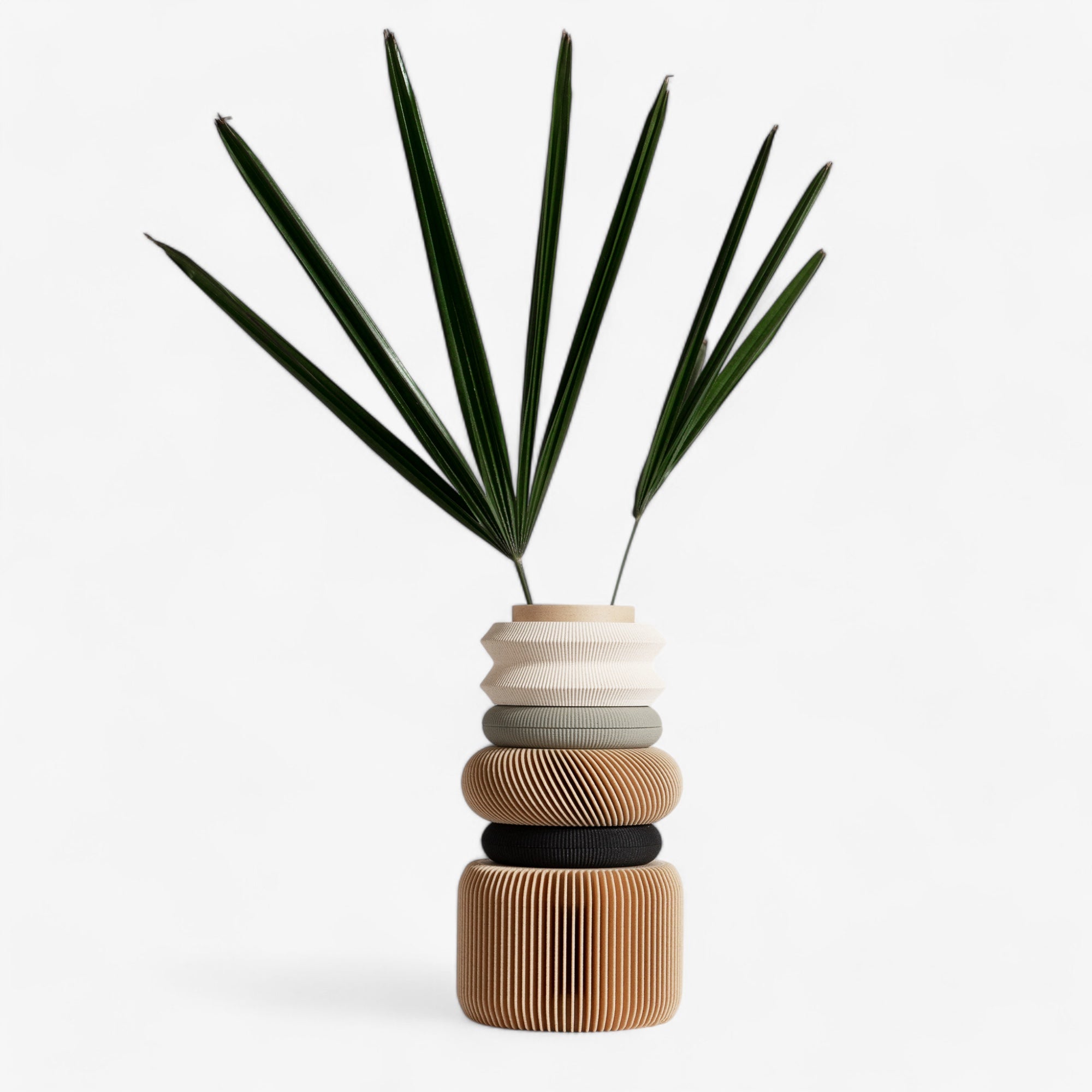 A design modular vase with 5 parts in green, white and wood colors, with a fresh flowers - Minimum design