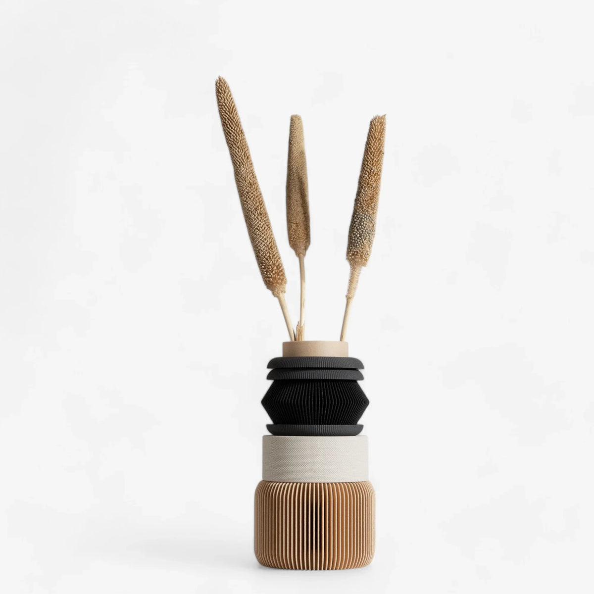 a modular and unique vase, made of 6 parts textured, in neutral colors, on a white background and with three pampa flowers