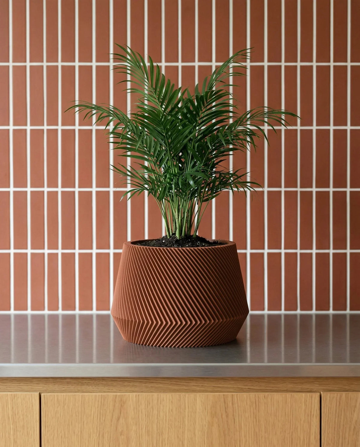 Oslo terracotta plant pot on a metal table against a terracotta tiles wall