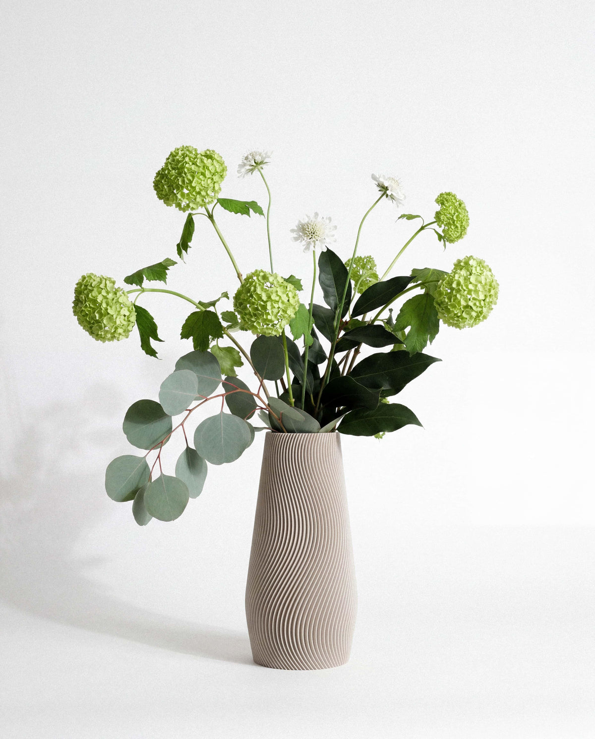 Mist white wave vase 25cm with fresh stems - minimalist organic vase white background