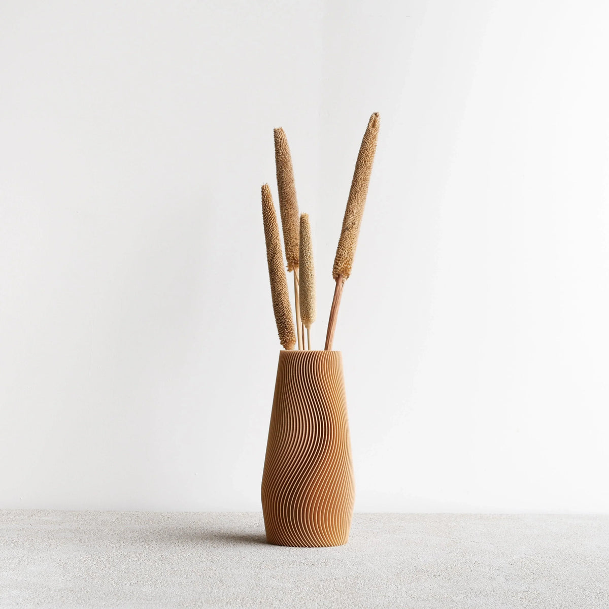 Wave textured vase 20cm on a white background, natural wood color