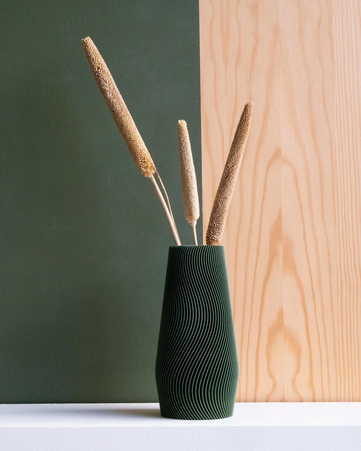 Forest green wave vase 25cm - textured organic design on green background