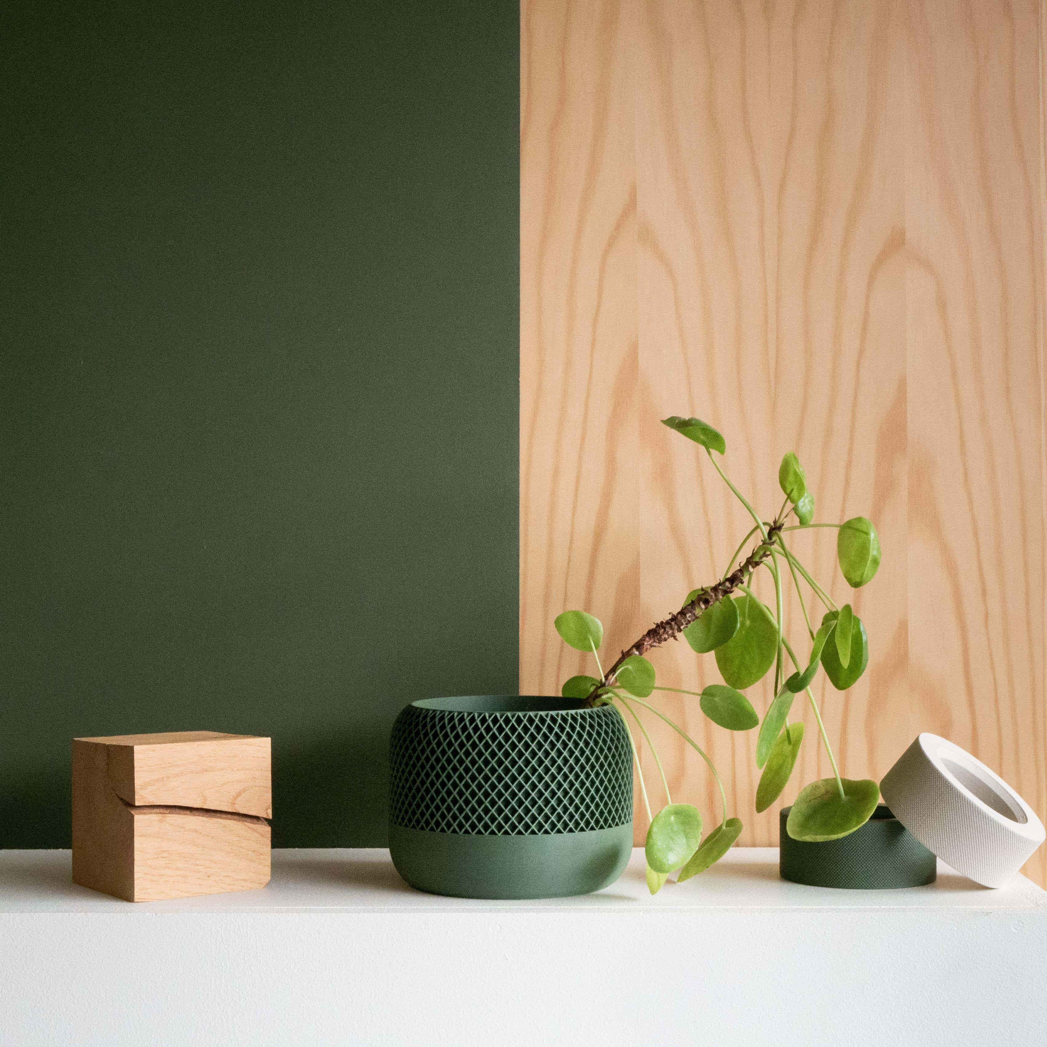 APPLE Indoor Planter in Green with a Pilea plant - Minimum Design #color_green