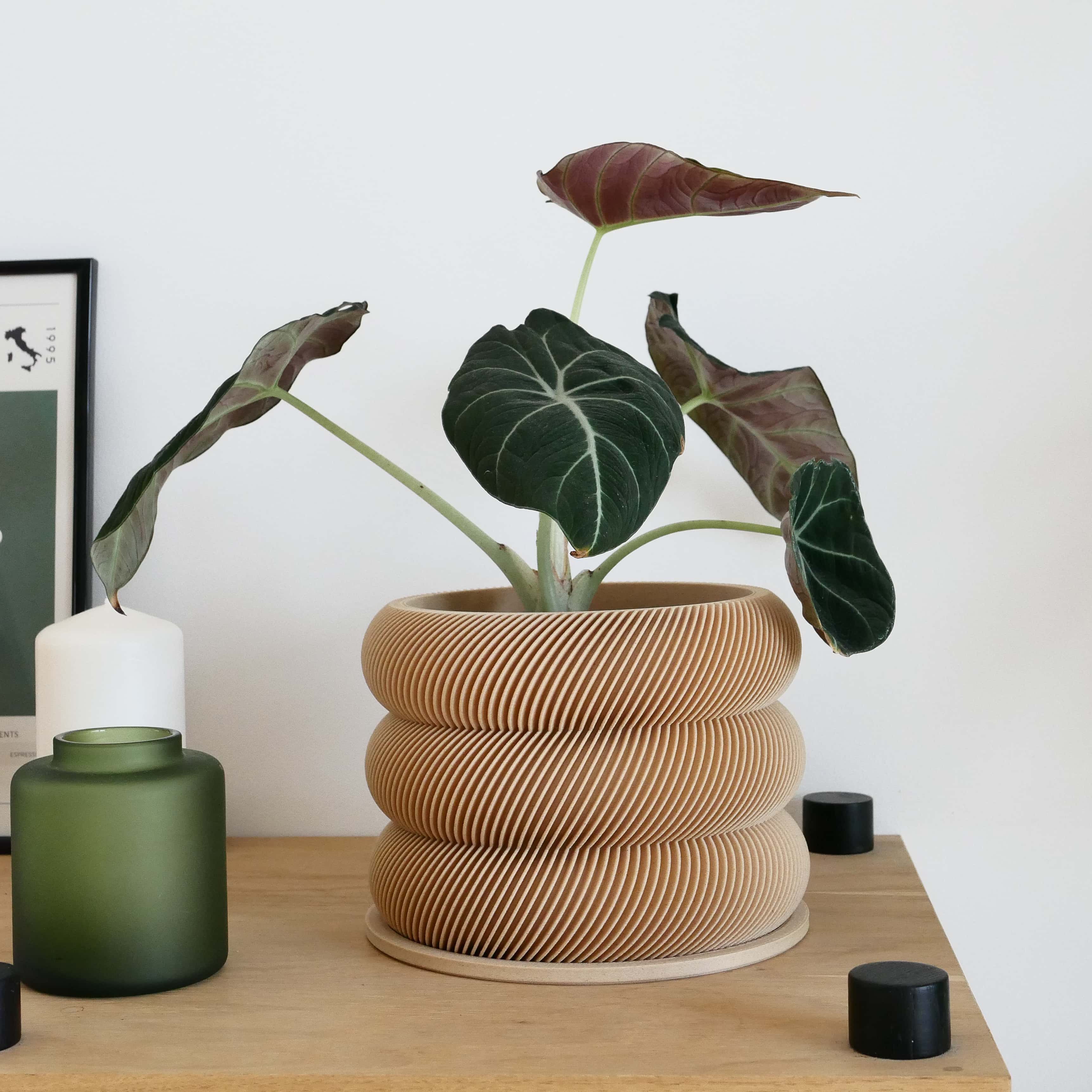 Unique wooden planter textured Kaki - Minimum design #color_natural