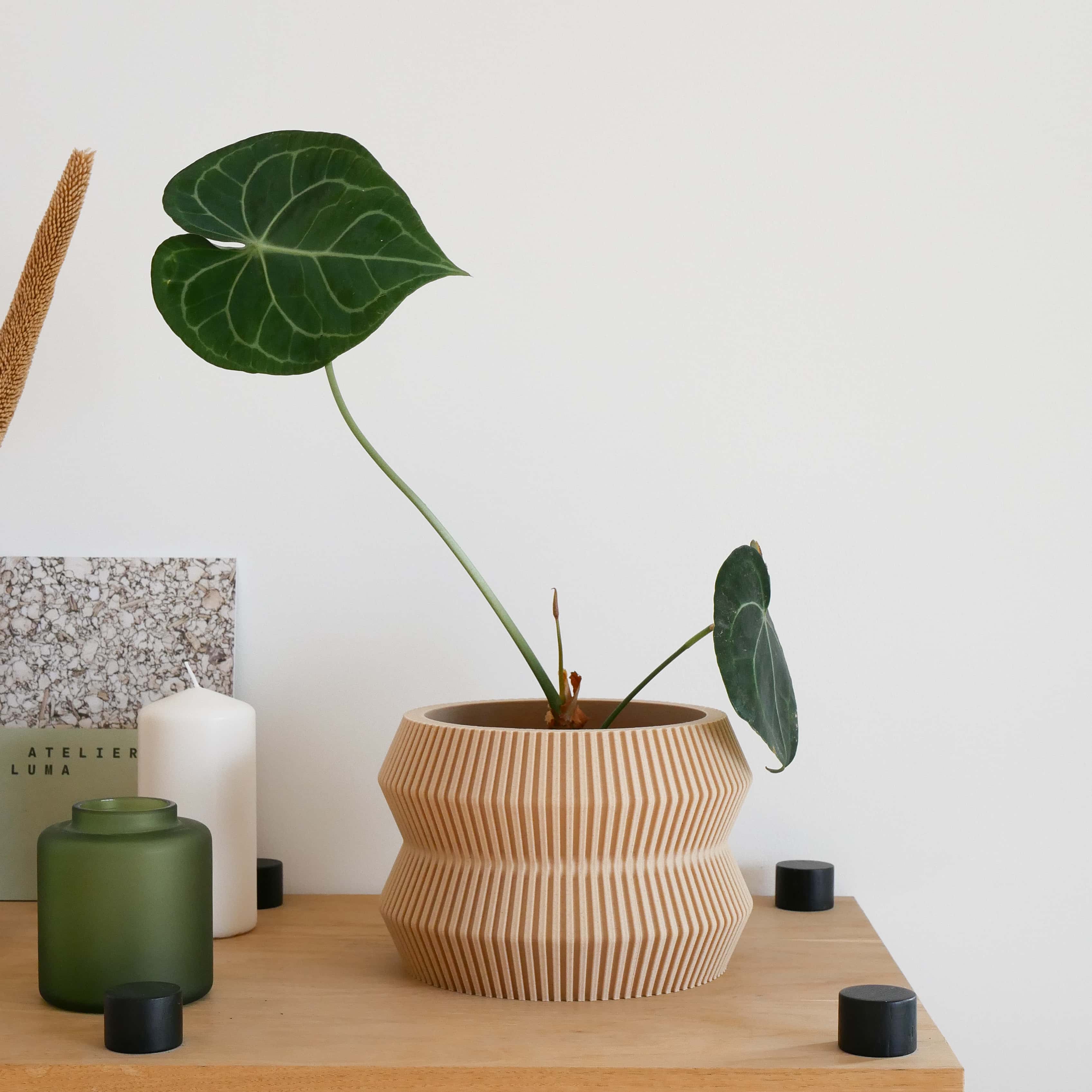 Unique textured ITO planter on a shelf, with a beautiful philodendron plant and some home accessories #color_Natural