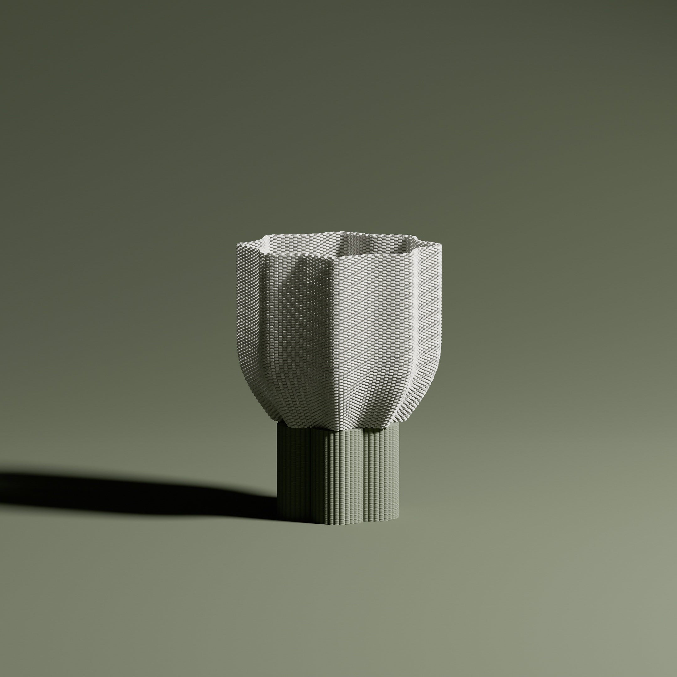 Bloom lamp off with light wood base, on olive green background. Floral shape and soft lines