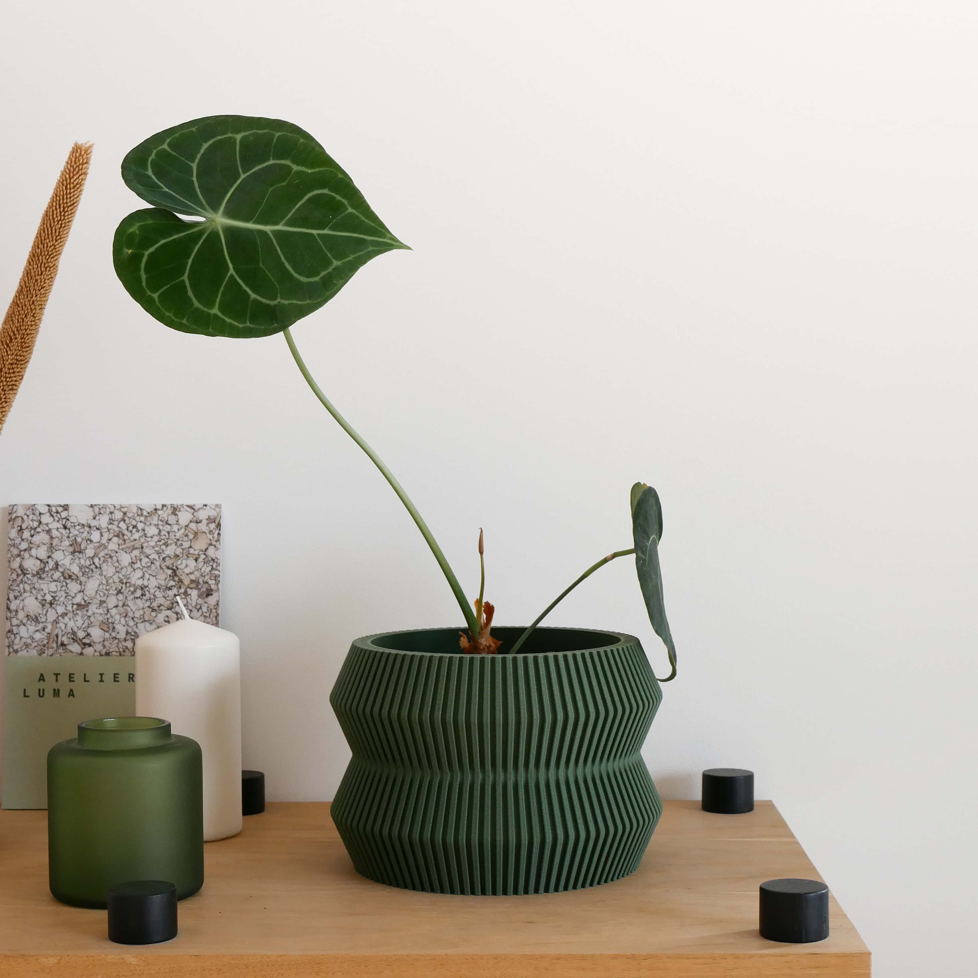 The Green indoor wooden planter ITO on a shelf with some home accessories, with a philodendron plant. #color_Green