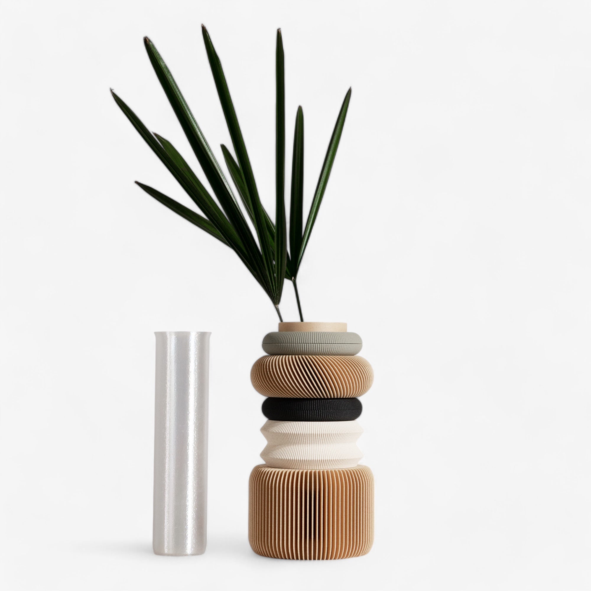 The modular vase Olive Green, composed of seven parts, and a waterproof insert for a unique home decor - Minimum design
