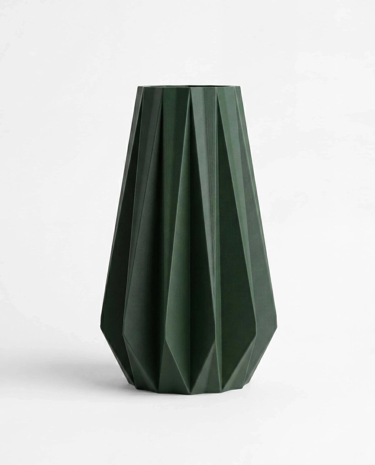 Origami vase forest green 20cm - geometric pleated design on white background