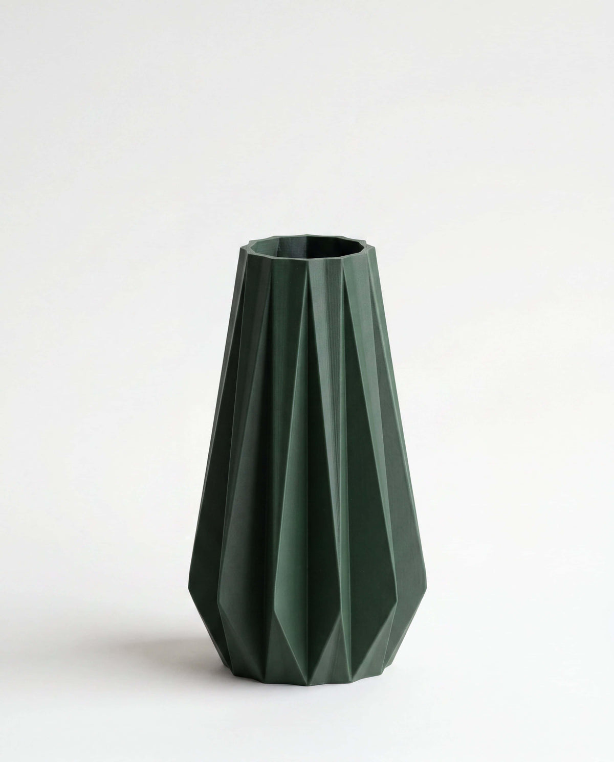 Forest green origami vase 20cm - side view minimalist geometric design