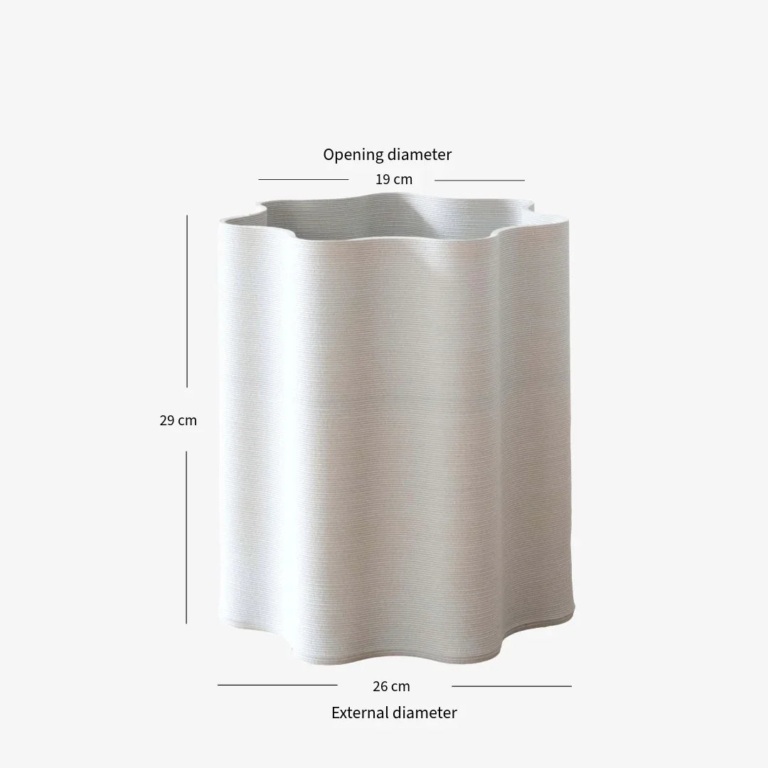 White floor planter vase with dimensions on a white background