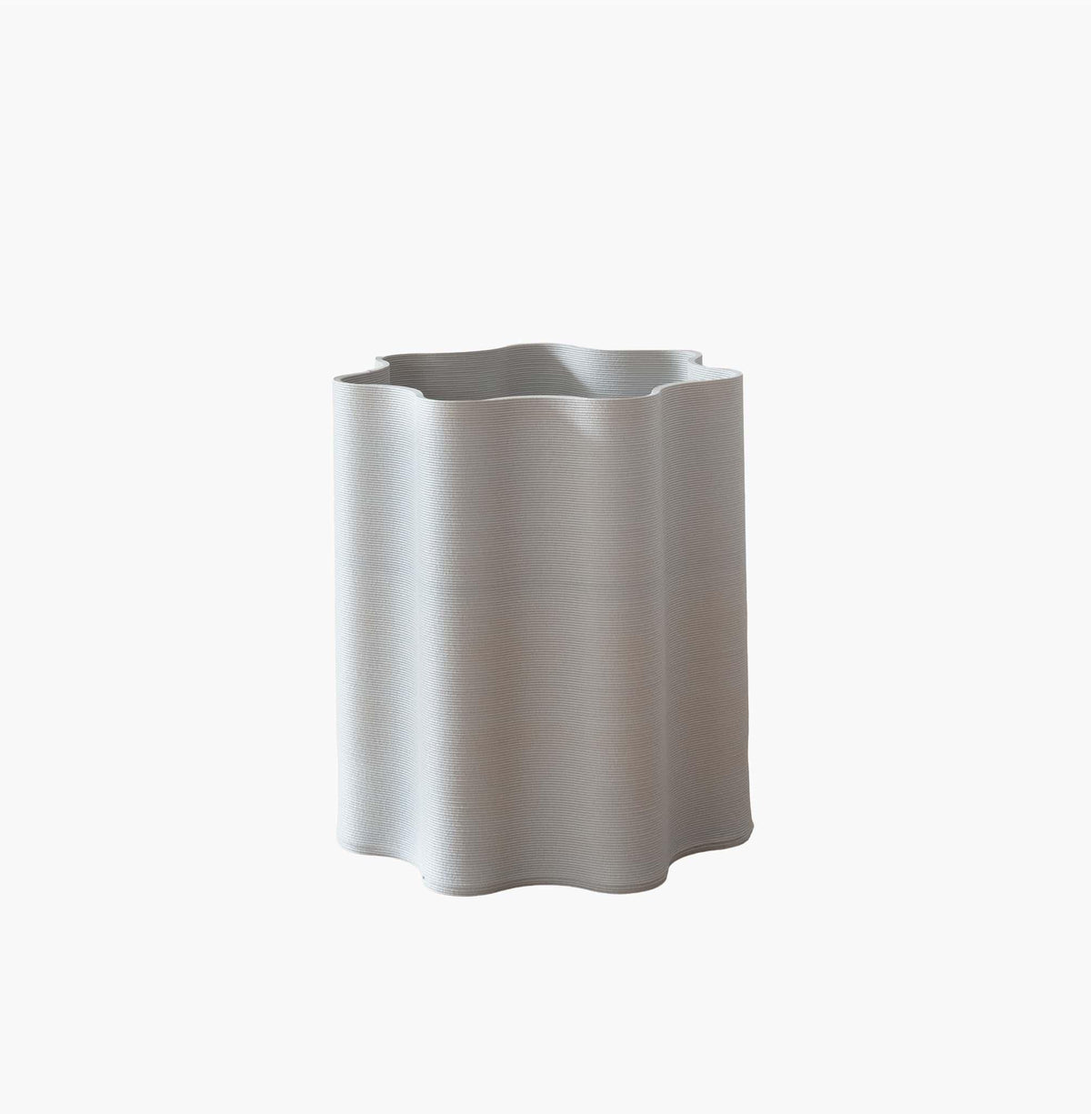 Minimalist Rippled floor planter in off-white recycled wood, 29cm sculptural design on a clean white background.