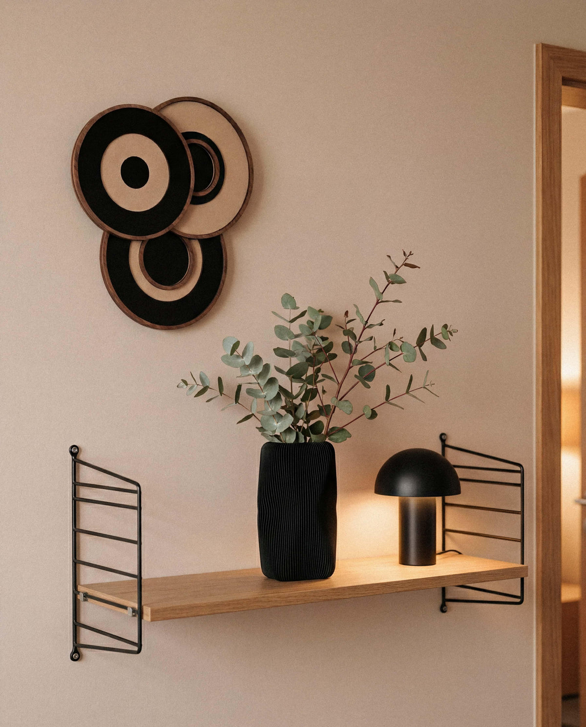 Black Soho sculptural vase on shelf with lamp - Japandi interior styling