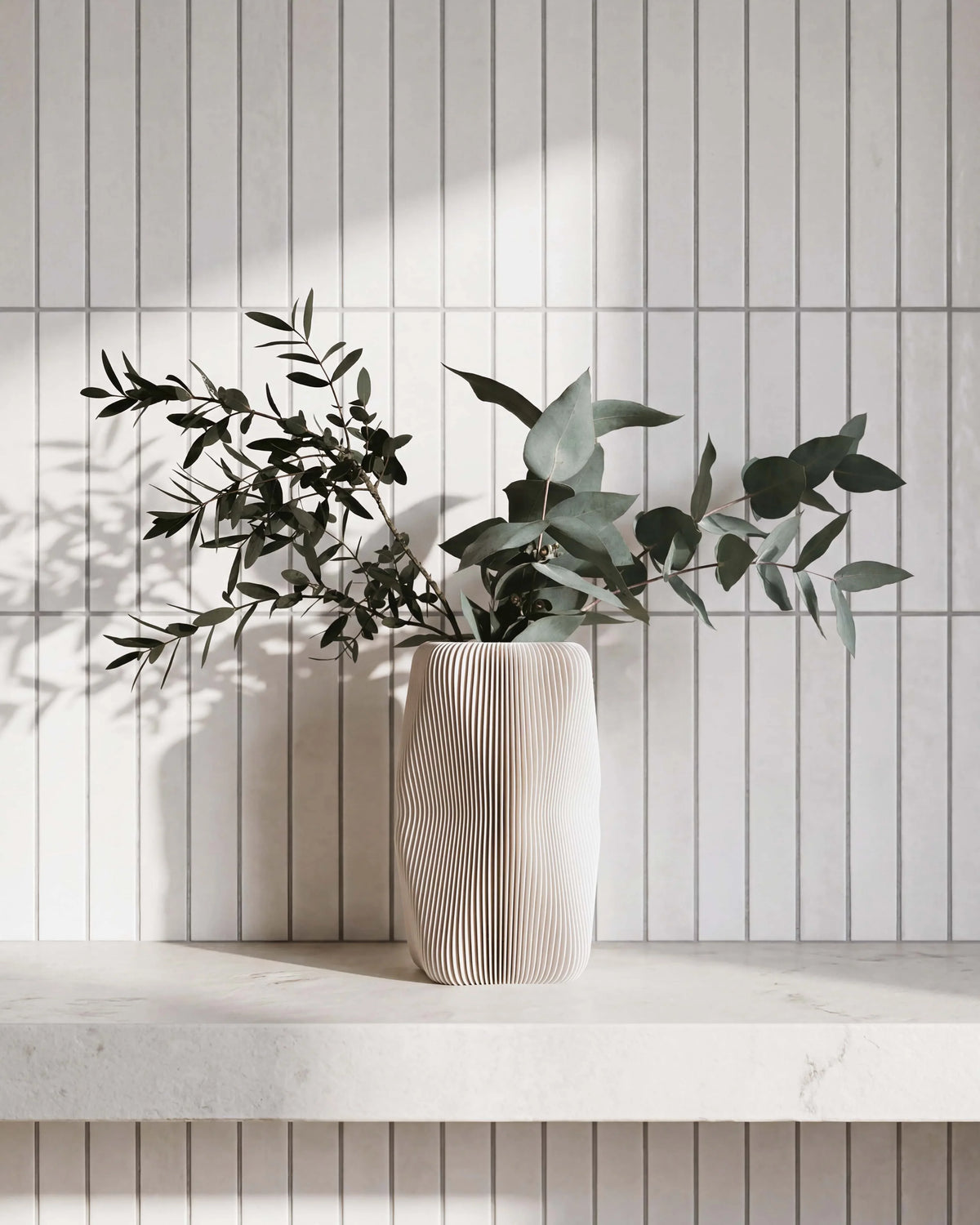 Soho sculptural vase mist white with white flowers - minimalist home styling