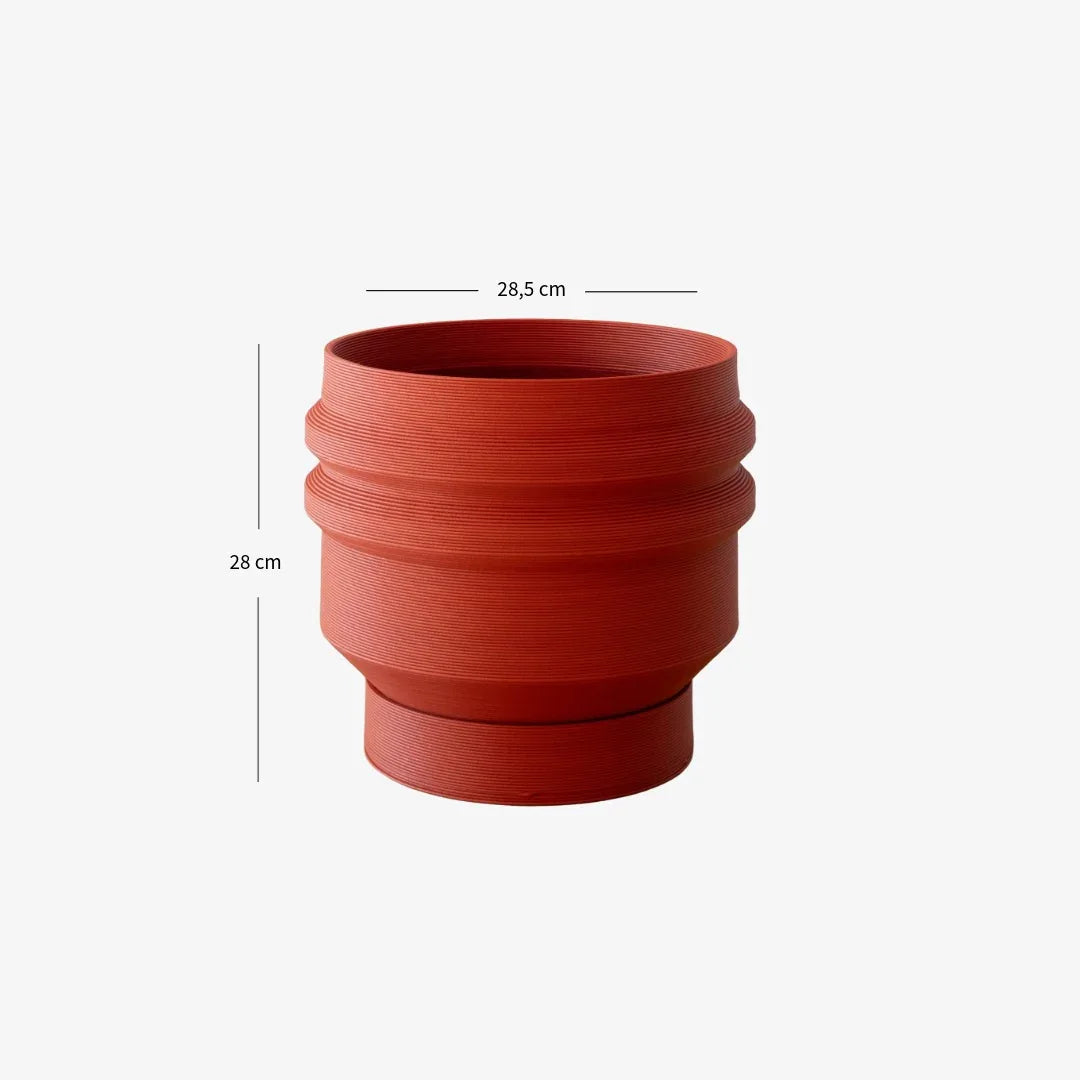 Red Terracotta wide planter 28,5 cm opening diameter with measurements on a white background