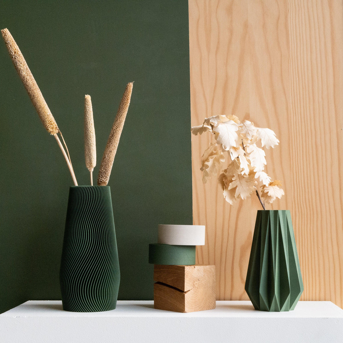Forest green wave vase group styling - organic home decor interior