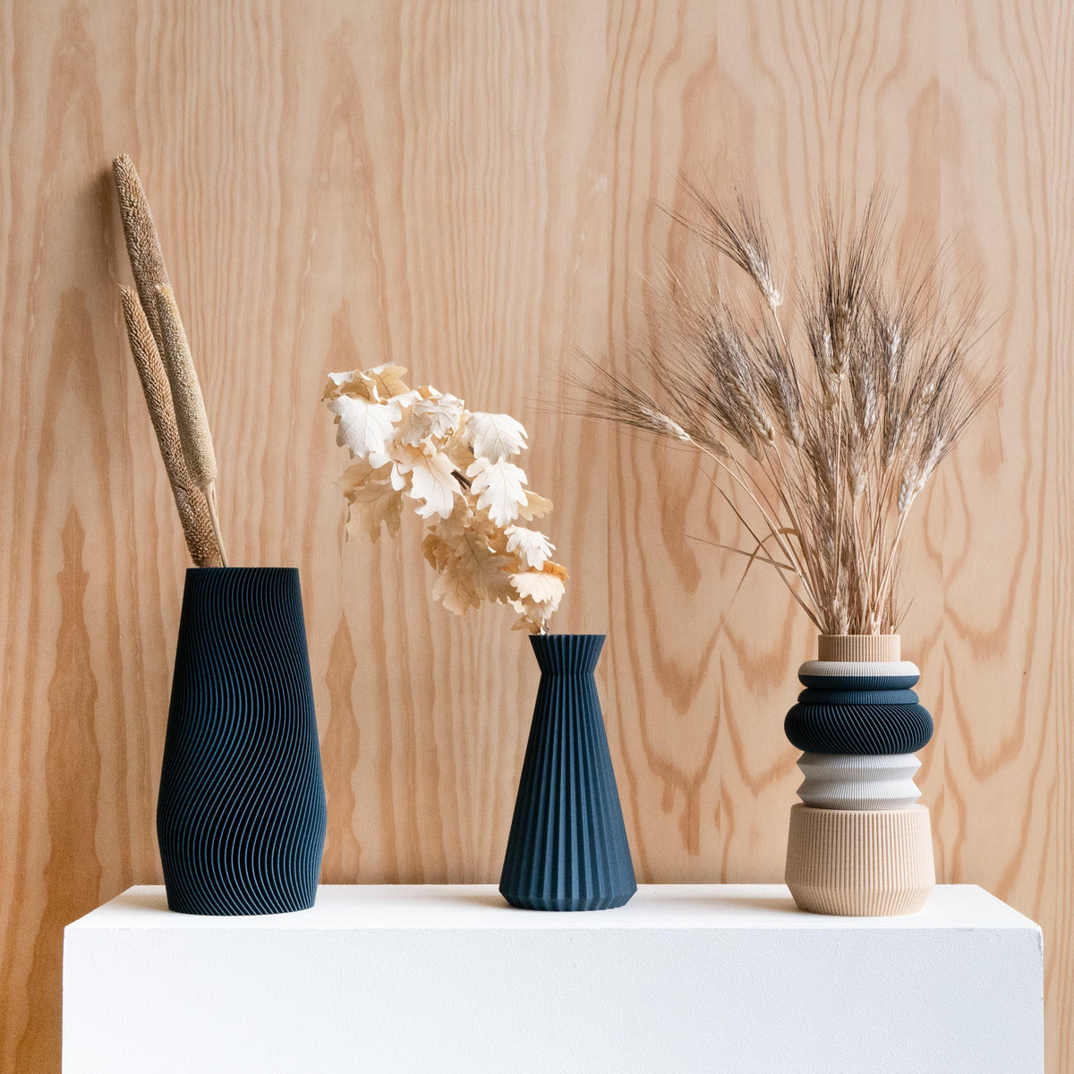 Wave vase petrol blue, Lagune vase and Ishi vase - minimalist vase collection interior styling